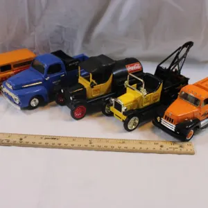 Five 1:24 Scale Diecast Advertising Cars: Minneapolis Moline Liberty '55 Chevy Coin Bank, Wix Filters Ertl 1951 Ford Pickup Coin Bank, Coca-Cola 1918 
