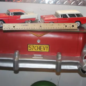 Plastic 57 Chevy Display Shelf with Two 1:24 Scale Diecast Cars, 55 Chevy Bel Air and 55 Chevy Bel Air Nomad Wagon, Shelf Measures 20 x 8 x 9