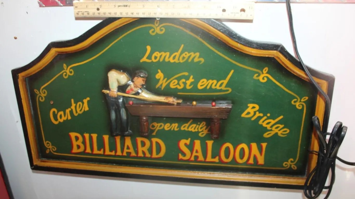 Three-D Billiards Saloon Plaque. Measures 24 x 14