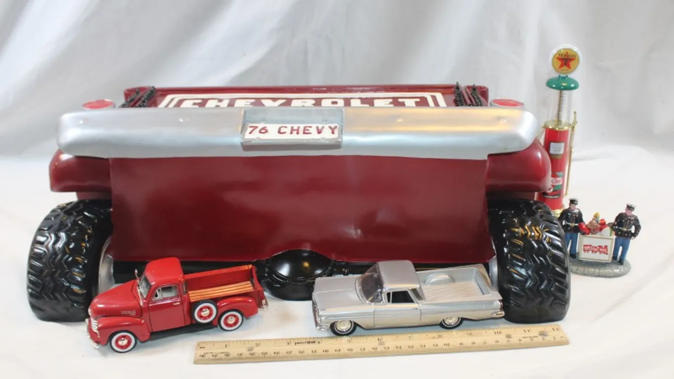 1976 Chevy Truck Display Shelf with 2 1:24 Scale Diecast Models Military Men and Model Gas Pump Measures 19 x 6 x 15