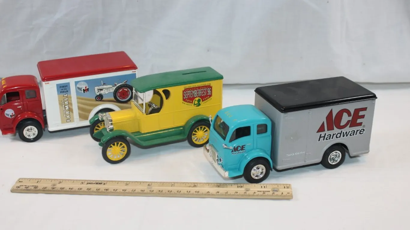 Three Diecast Trucks: Coca-Cola September Fest '96 Ertl 1923 Delivery Van 1:24 Scale Coin Bank, Ace Hardware Ertl Collectibles Volvo GM Heavy Truck, a
