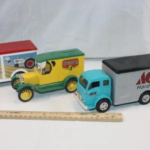 Three Diecast Trucks: Coca-Cola September Fest '96 Ertl 1923 Delivery Van 1:24 Scale Coin Bank, Ace Hardware Ertl Collectibles Volvo GM Heavy Truck, a