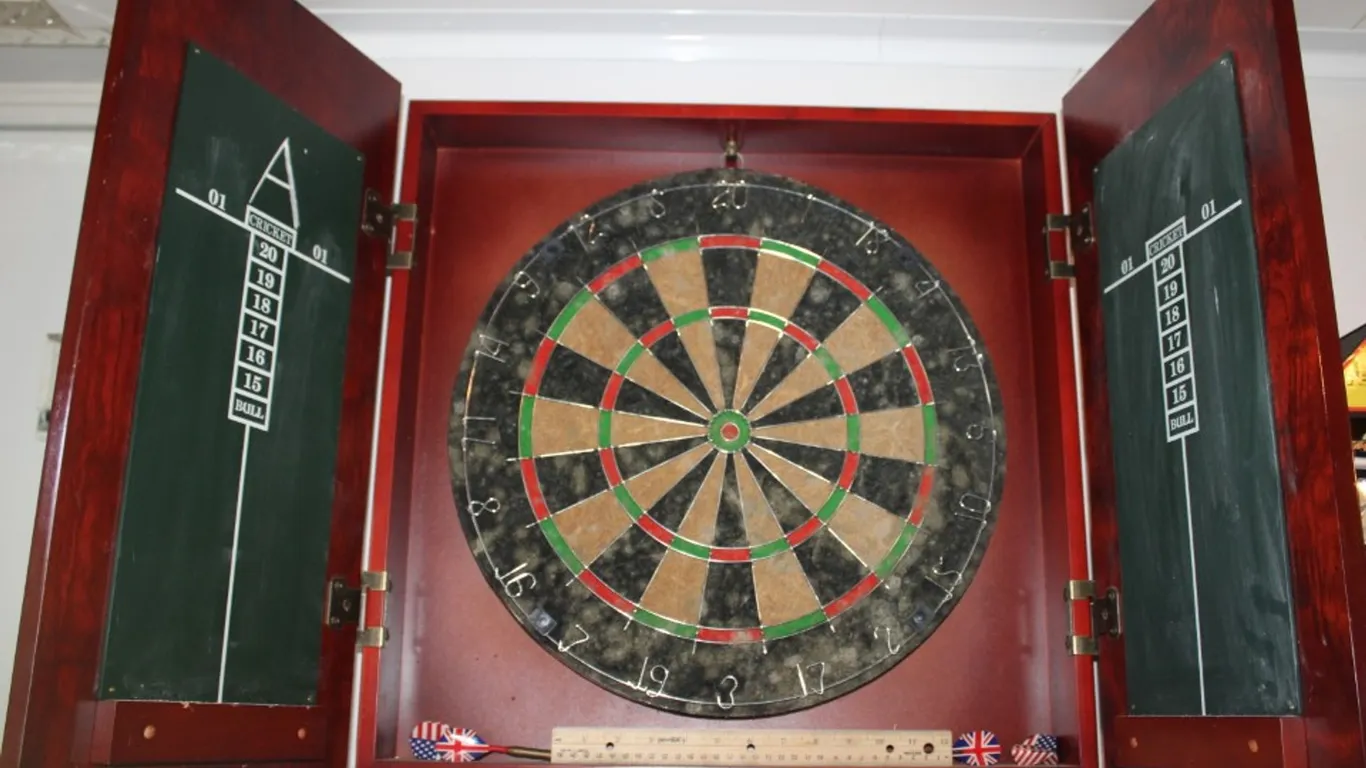 Dart Board in an Inlaid Wood Cabinet Measures 22 x 22 x 4