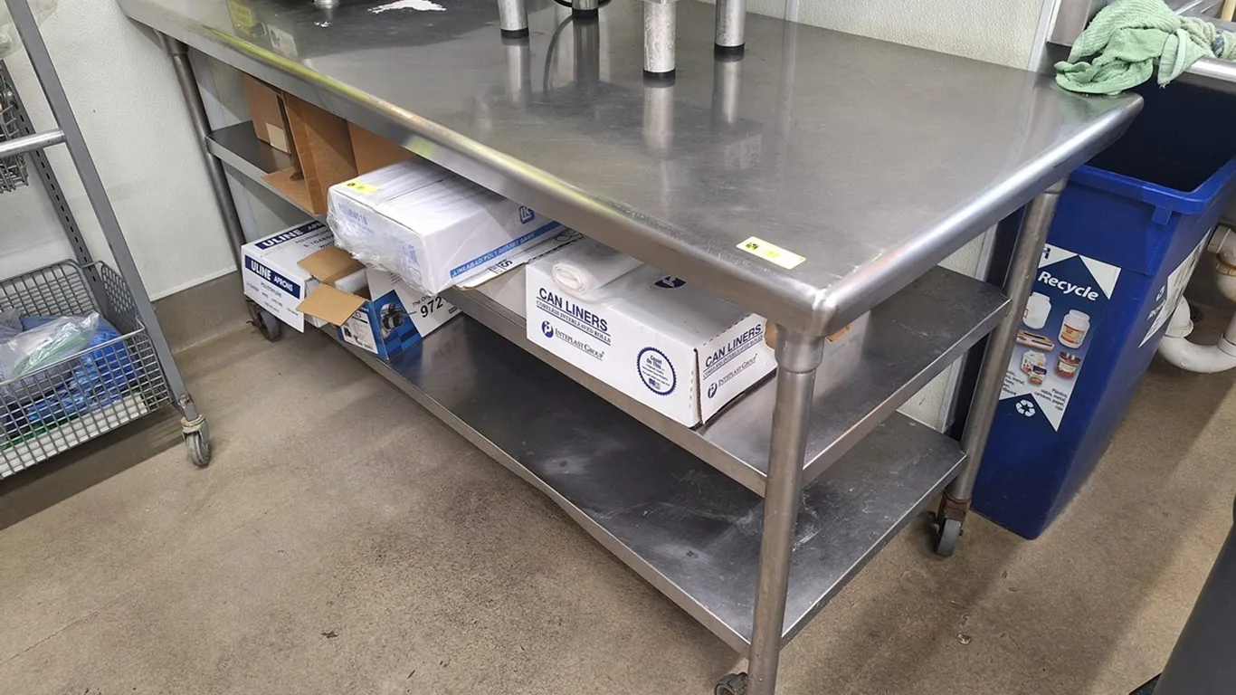 SS Table on Wheel with 2 Undershelves, 72"x30"x35"