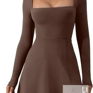 New Women Square Neck Bodice Dress Long Sleeve Side Slit Flare Mini Dress A-Line Short Bodycon Dress