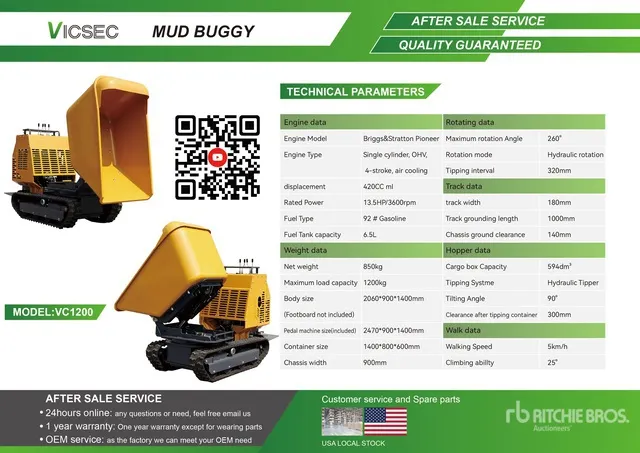2026 VICSEC VC1200 Stand-On Swivel Hi-Tip Mini Concrete Buggy (Unused)