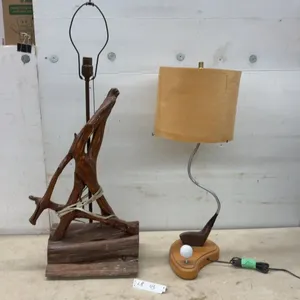 Rustic Driftwood Table Lamp 35” Tall, No Shade and Golf-Themed Table Lamp Wood Veneer Shade, 27”