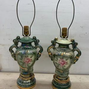 Pair of Vintage Mid-Century Green Iridescent Lustre Ceramic Urn Table Lamps with Rose Decal, 24”