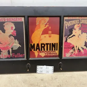 Vintage-Style French Poster Coat Rack with Four Hooks, Folies-Bergère, Martini and More, 16 × 29”