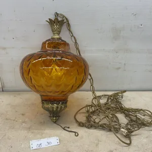 Vintage 1960s-70s Amber Glass and Brass Ornate Genie Bottle Swag Pendant Lamp With Pull Chain