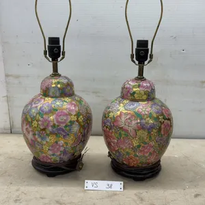 Pair of Vintage Chinese Millefleurs Porcelain Ginger Jar Style Table Lamps with Gold Colour