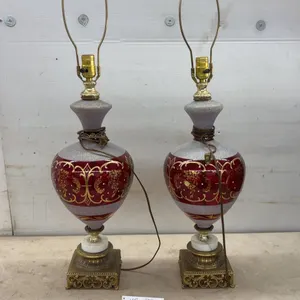 Pair of Vintage Hollywood Regency Red Glass Table Lamps with Gilt Metal and Marble and Brass