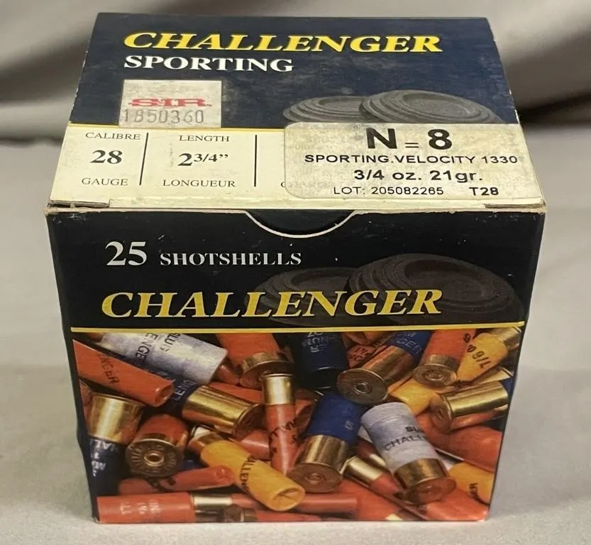 Box of 25 Challenger Sporting 28 ga. shot shells.