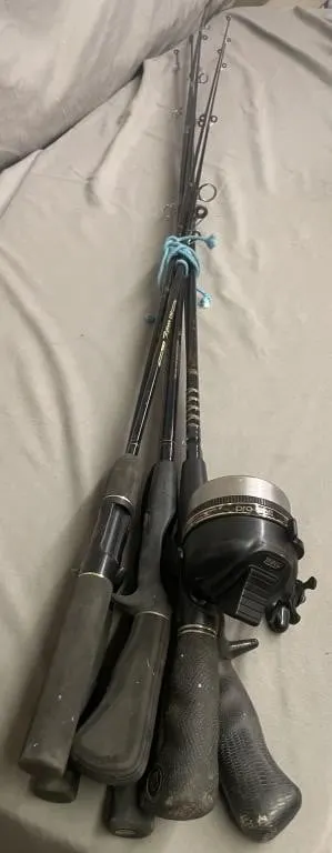 Six fishing rods and a Zebco Pro Staff reel.