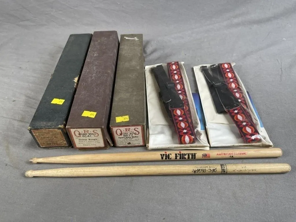 Piano Rolls, Guitar Straps, Drumsticks