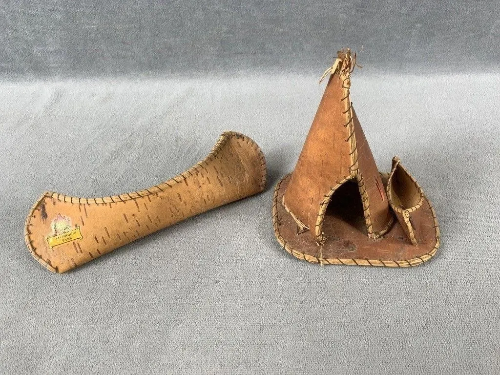 Native American Crafted Bark Canoe & Teepee