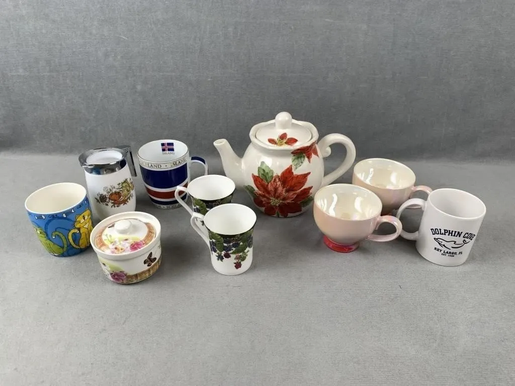 Cups, Tea Pot, Creamer Pitcher