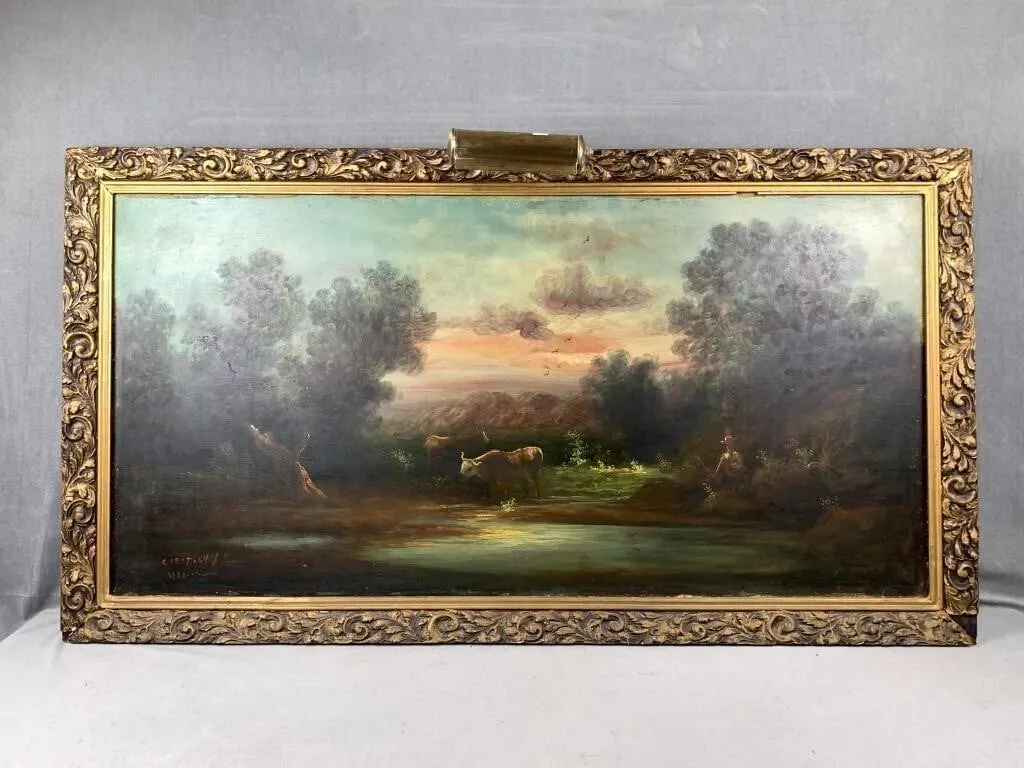 Large Framed Oil Painting w Lamp