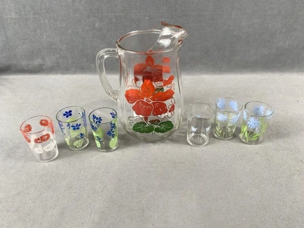 Glass Floral Pitcher w Cups