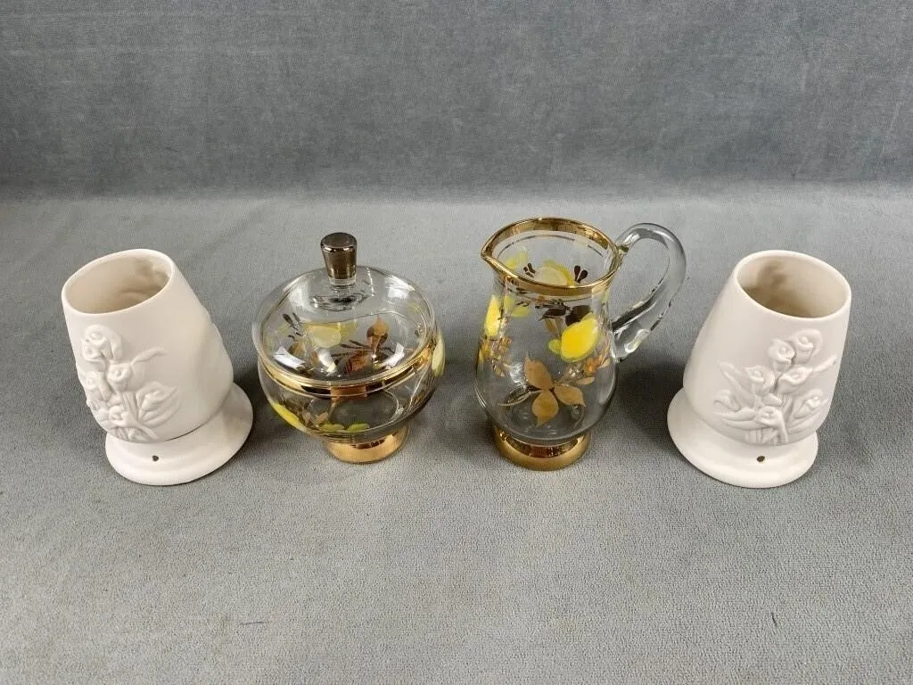 Glass Cream & Sugar & Pottery Cups