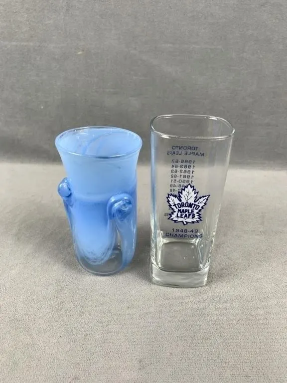 Blue Art Glass Vase & Toronto Maple Leafs Cup