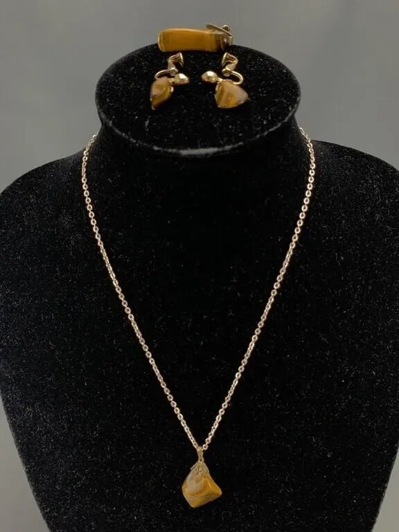 Tigers Eye Gemstone Necklace, Pin & Earrings