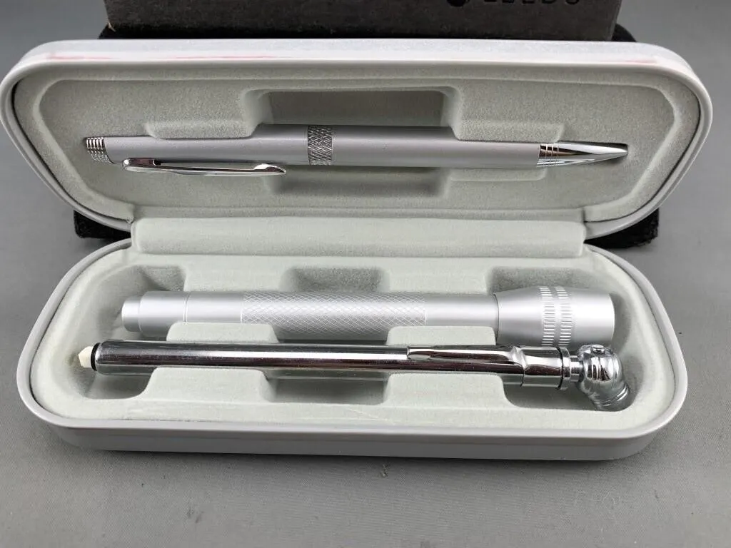 Cased Leed's Ford Pen Tire Gauge Flashlight Set