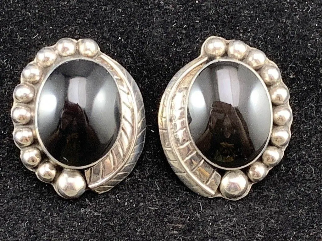 Sterling Black Stone Clip On Earrings