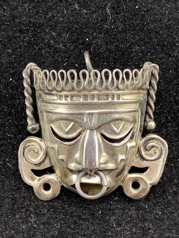 Sterling Aztec Mask Brooch