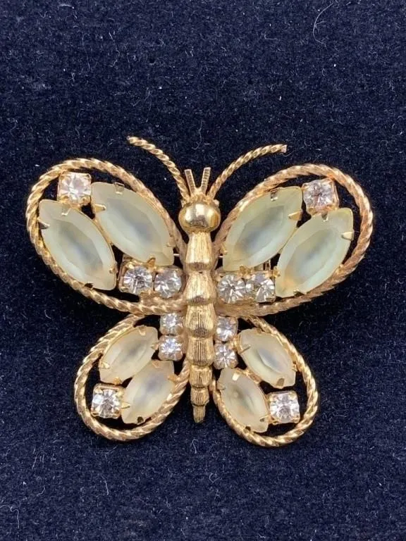 Rhinestone Gold Tone Butterfly Brooch
