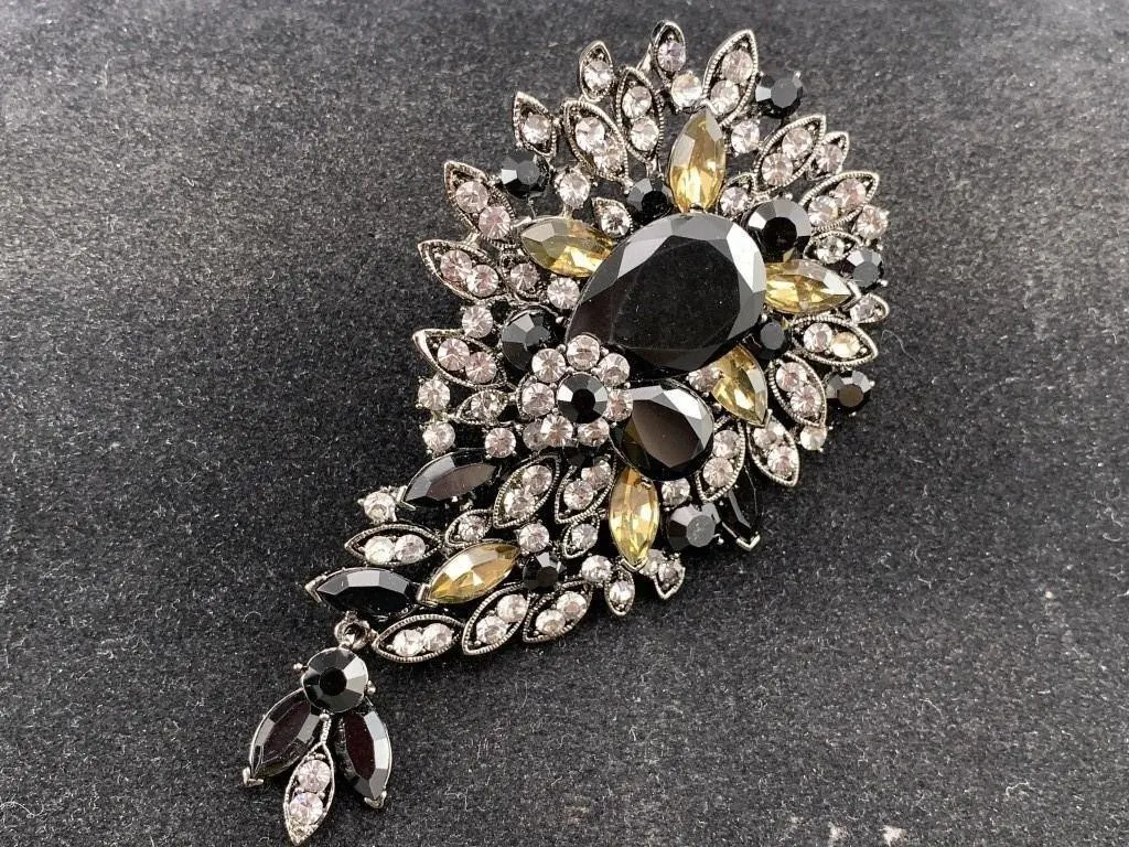 Black Rhinestone Floral Brooch