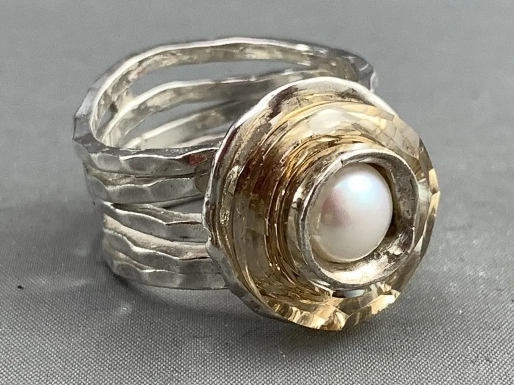 Sterling Silver w Gold Wash Hand Hammered Pearl Ri