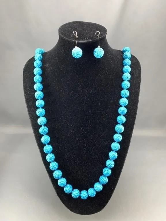 Blue Bead Necklace w Matching Earrings