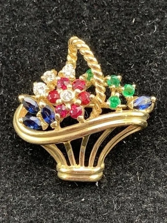 Flower Basket Gemstone Brooch