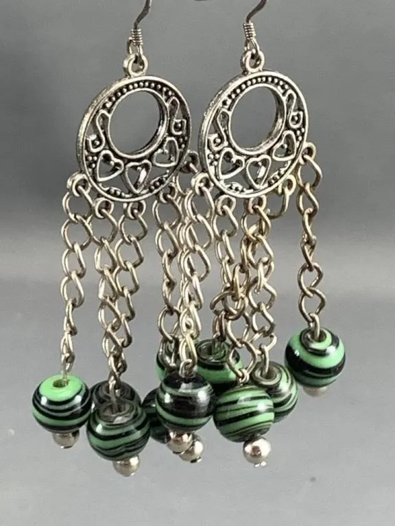 Chandelier Silver Tone Malachite Drop Earrings