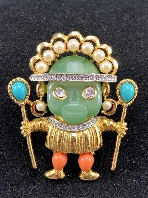 Turquoise Jade & Coral Kenneth Lane Brooch