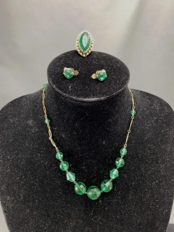 Green Beaded Necklace, Ring & Clip On Earrings