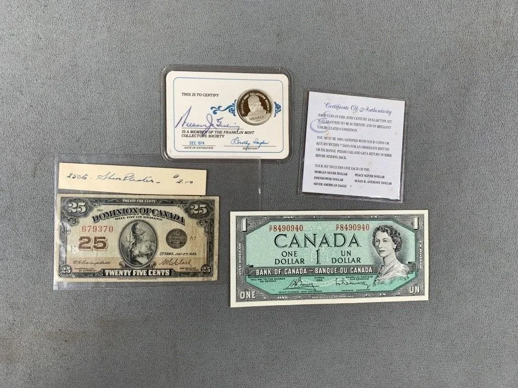 Franklin Mint Coin & Canadian Bills