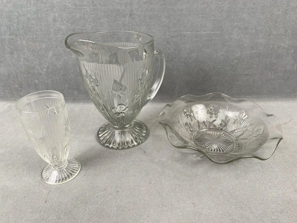 Iris Glass Pitcher, Cup & Bowl