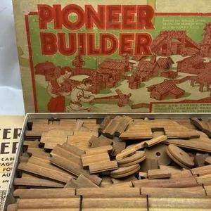 Vintage Pioneer Builder wood Building toy set with