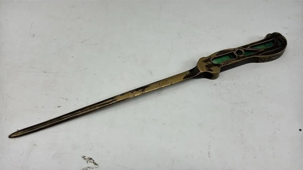 Antique Art Nouveau Brass Letter Opener slag green