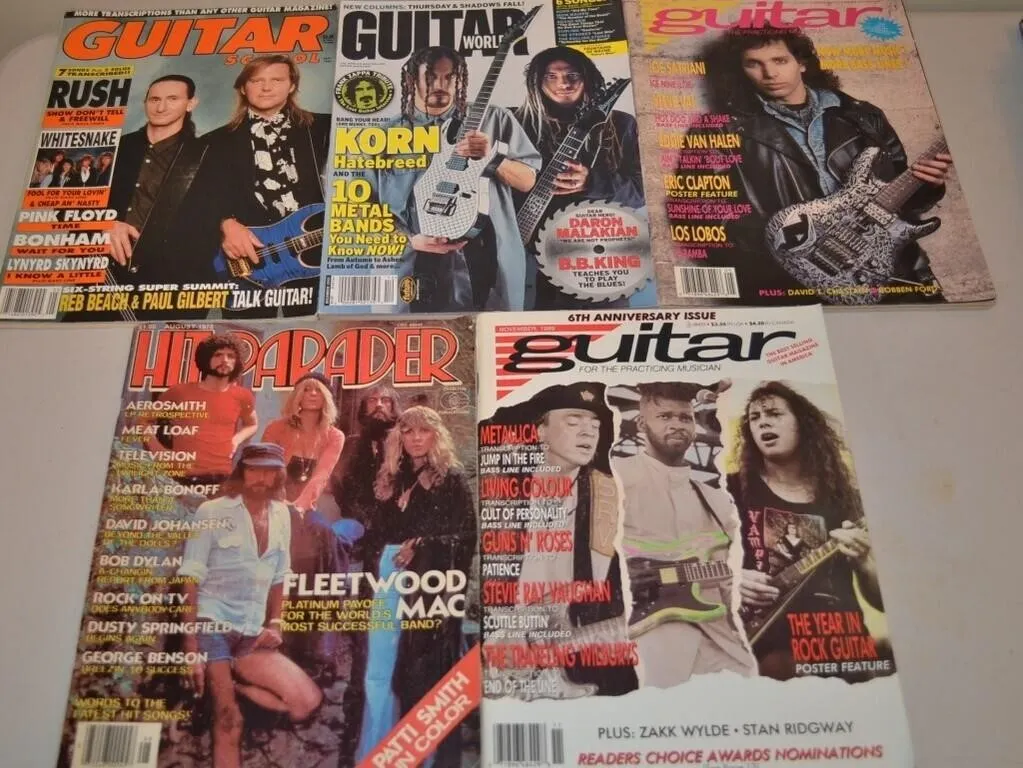 Vintage rock and guitar music magazines from the