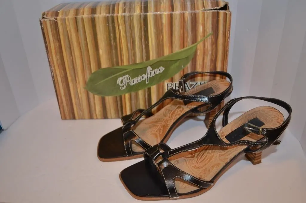 Passofino black leather strappy mid-heel sandals