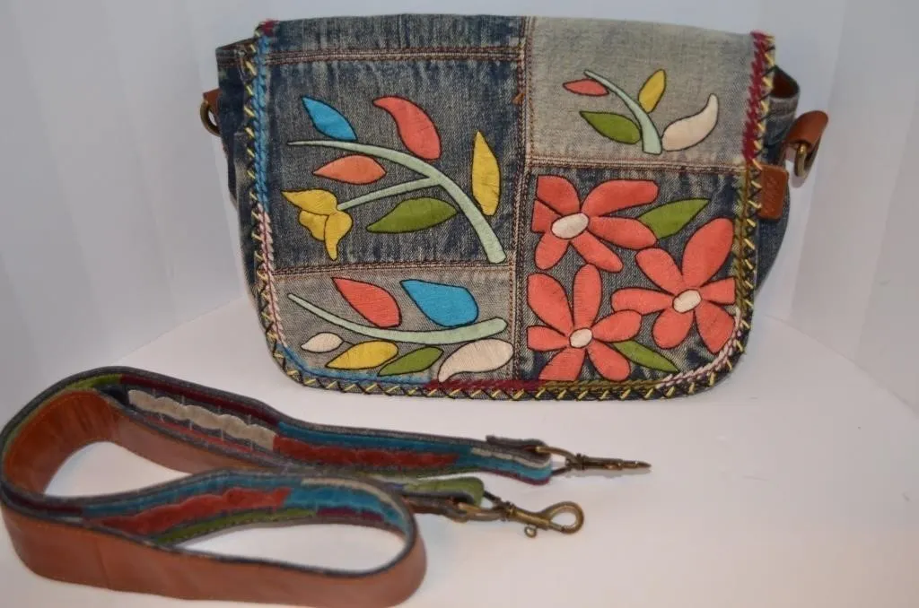 Patricia Nash floral embroidery denim patchwork