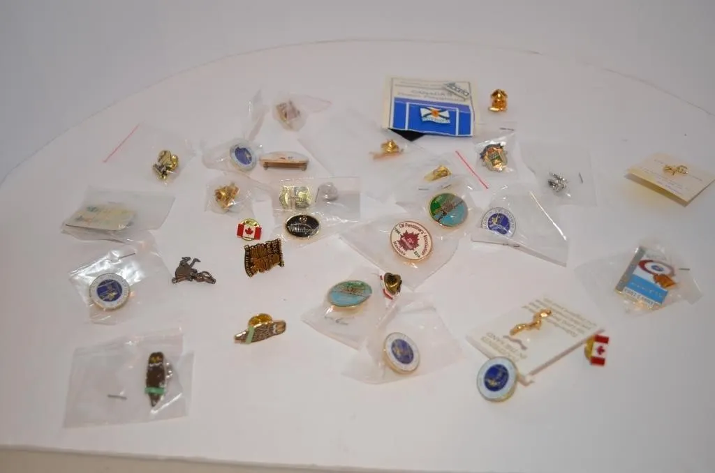 Vintage lapel pins, souvenir brooches, and enamel