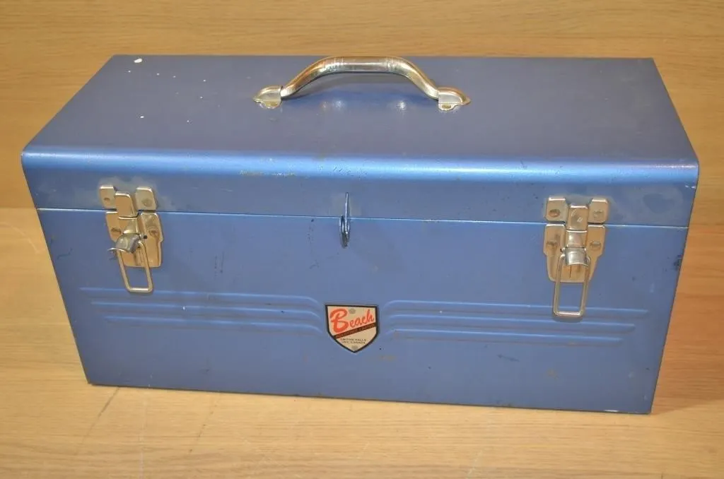 Vintage blue metal tool box made by Beach