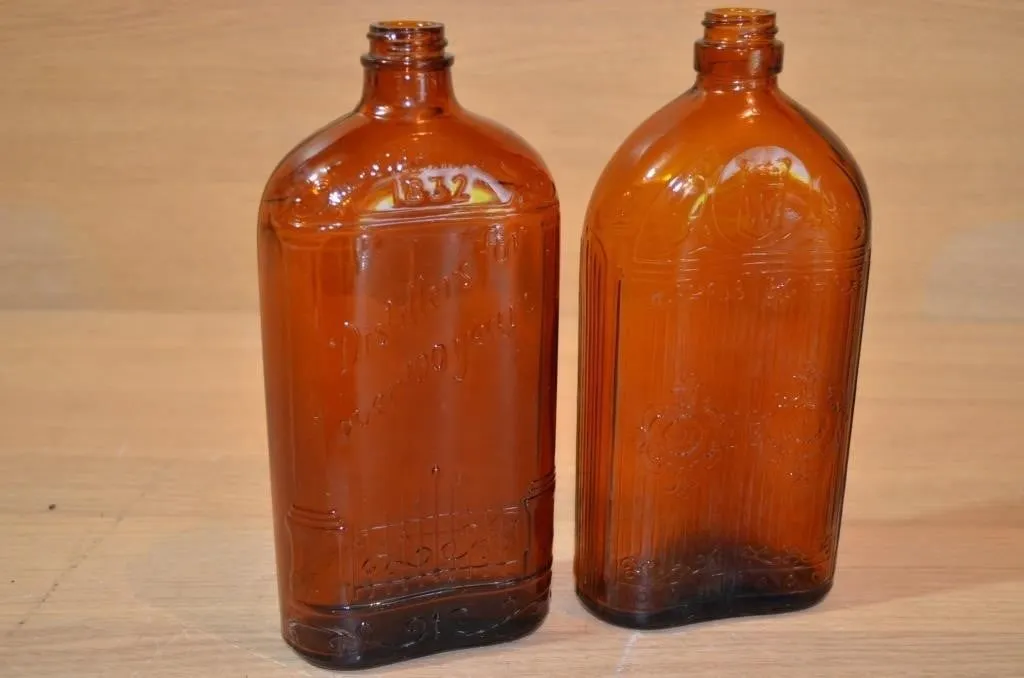 Gooderham & Worts (G&W) amber glass whiskey flasks