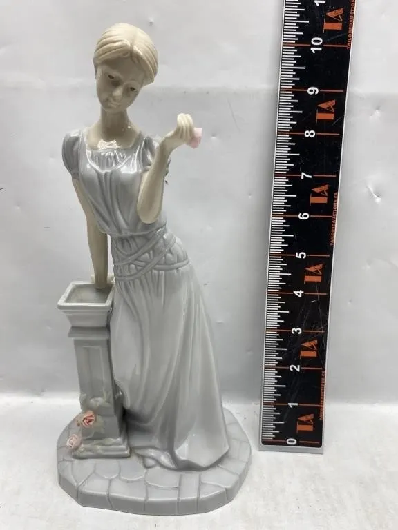 Porcelain Lady Figurine with Rose by Pedestal