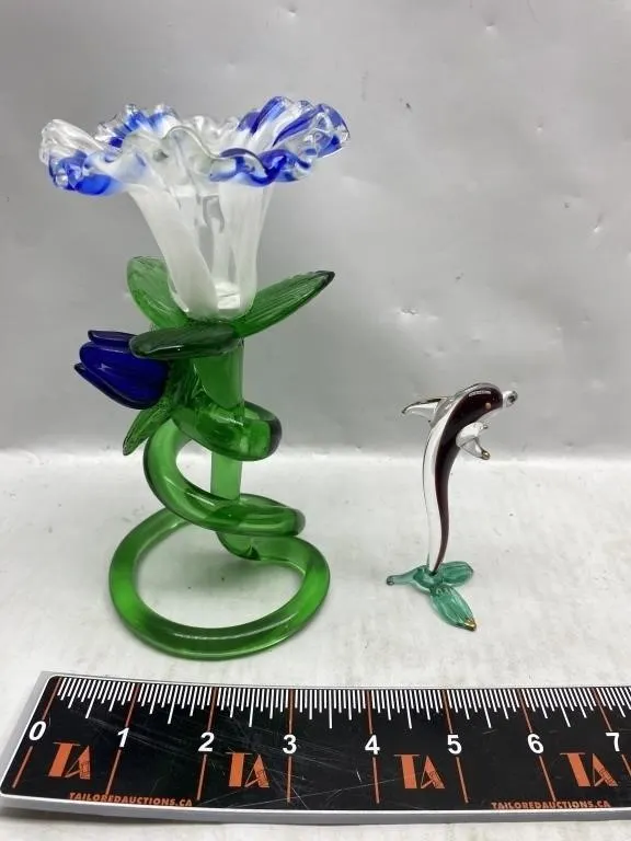 Art Glass Figurines Flower, Dolphins