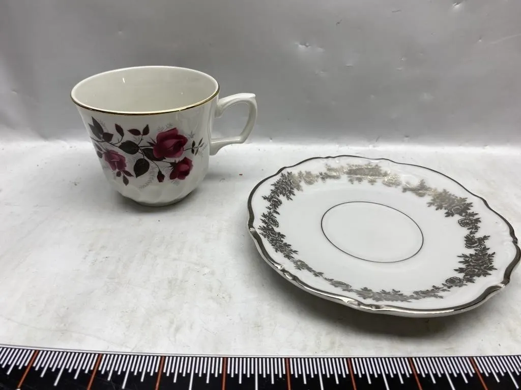 Floral Teacup and Silver-Rimmed Saucer Set
